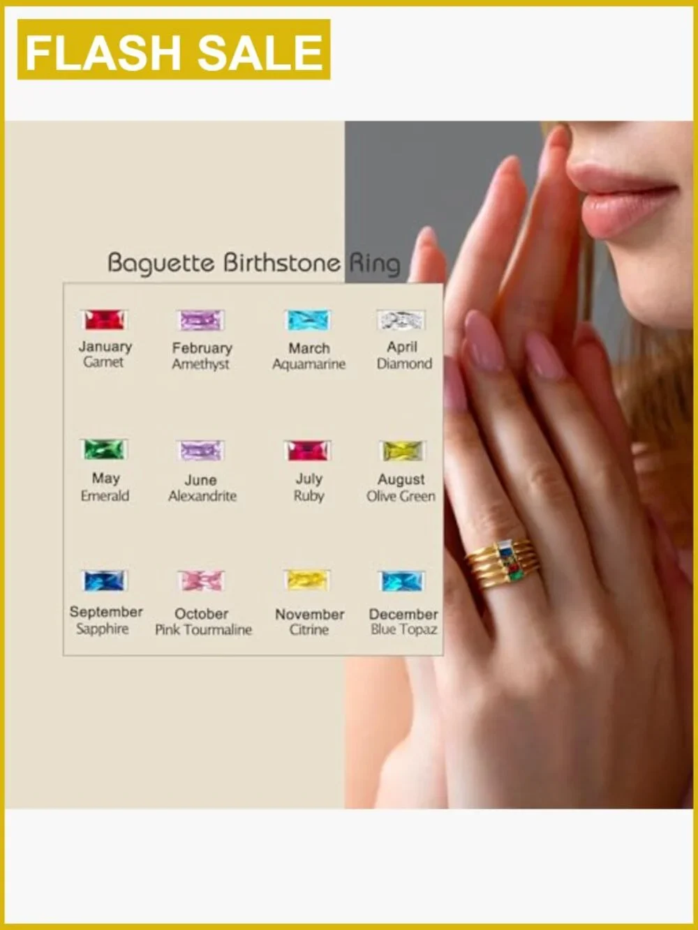 Stackable Baguette CZ Ring Gold Silver Plated Non Tarnish Birthstone Gift Size